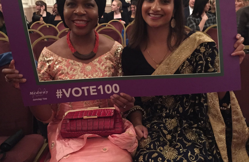 Asha Saroy, alongside friend and councillor, attending an event to celebrate the 100-years since women got the vote